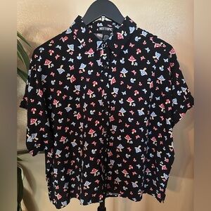 Hot Topic Black Shirt with Red and Blue Mushroom 🍄 Butterfly 🦋 Design